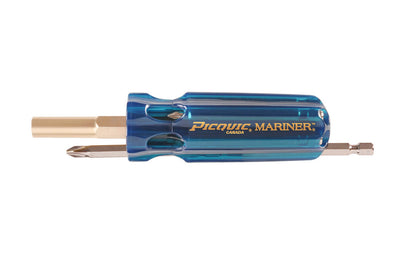 Handle made in Canada ~ Model No. 88102B. Multi-bit Picquic "Mariner" screwdriver is perfect for any marine environment. It has Electroless nickel plated bits to resist corrosion. Bits included: #1, #2, #3 philips, #2 square, 1/8", 1/4",  3/16" slotted. Bit storage in handle. 57369881054. Marine grade anti-corrosive