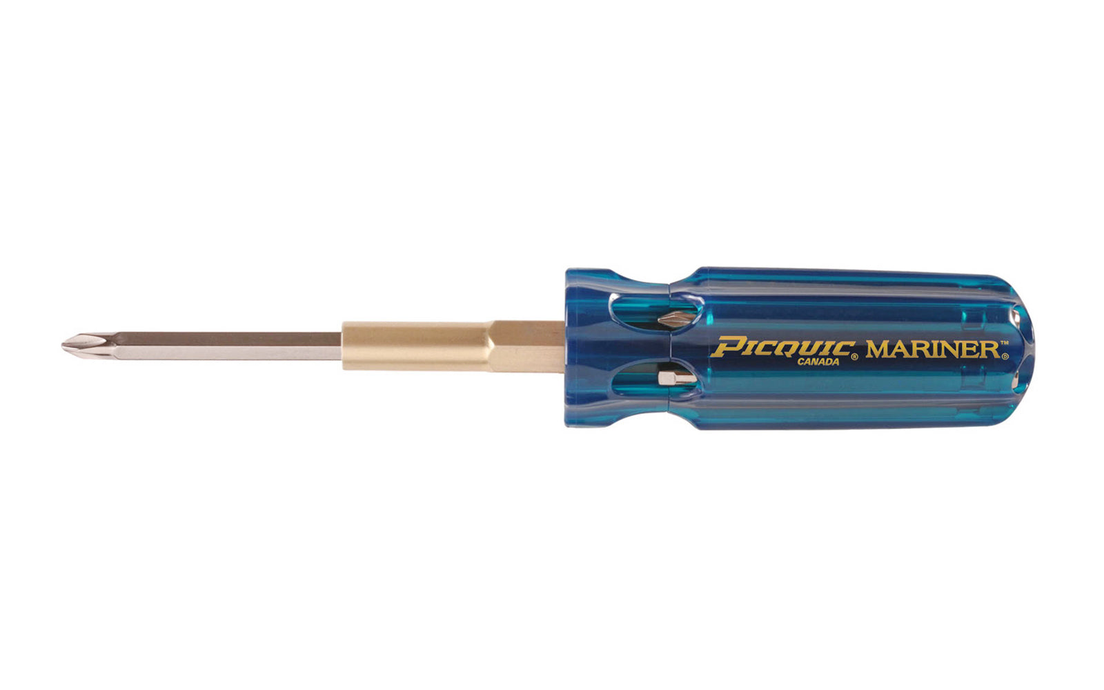 Handle made in Canada ~ Model No. 88102B. Multi-bit Picquic "Mariner" screwdriver is perfect for any marine environment. It has Electroless nickel plated bits to resist corrosion. Bits included: #1, #2, #3 philips, #2 square, 1/8", 1/4",  3/16" slotted. Bit storage in handle. 57369881054. Marine grade anti-corrosive