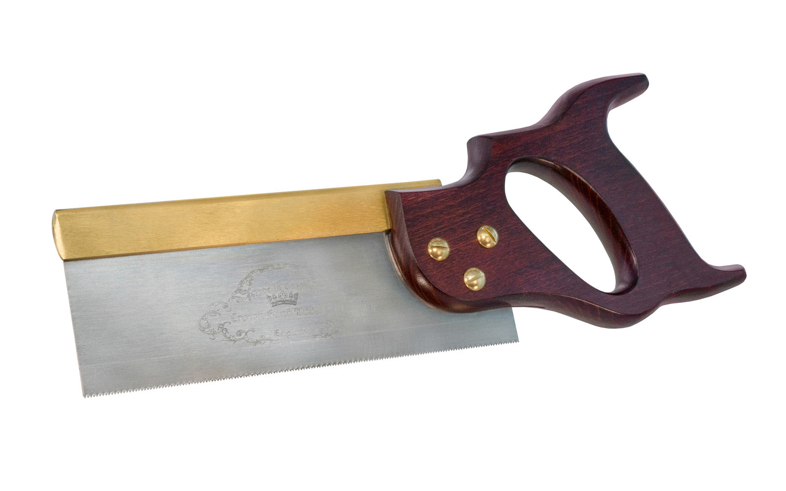 A high quality 8" dovetail saw with 20 TPI by Crown Tools. The handle is stained & lacquered Beech & has a nice feel in the hand. A great saw for sawing dovetails.  Made in Sheffield, England. Model 188.