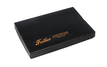 W.L. Fuller No. 6 Set - Model 10390006 - Combination countersink & taper drill bit set with a 3/8" plug cutter & stop collar made by WL Fuller. Set is designed for #5, #6, #7, #8, & #9 wood screws. Made of carbon steel & heat-treated ~ For use in woods & plastics. Four flutes for clean & accurate boring. Made in USA