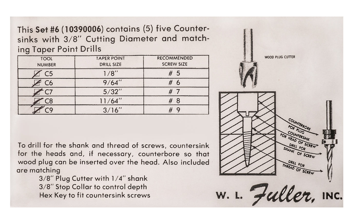 WL Fuller No. 6 Set - Countersink & Tapered Drill Bit Set ~ 10390006