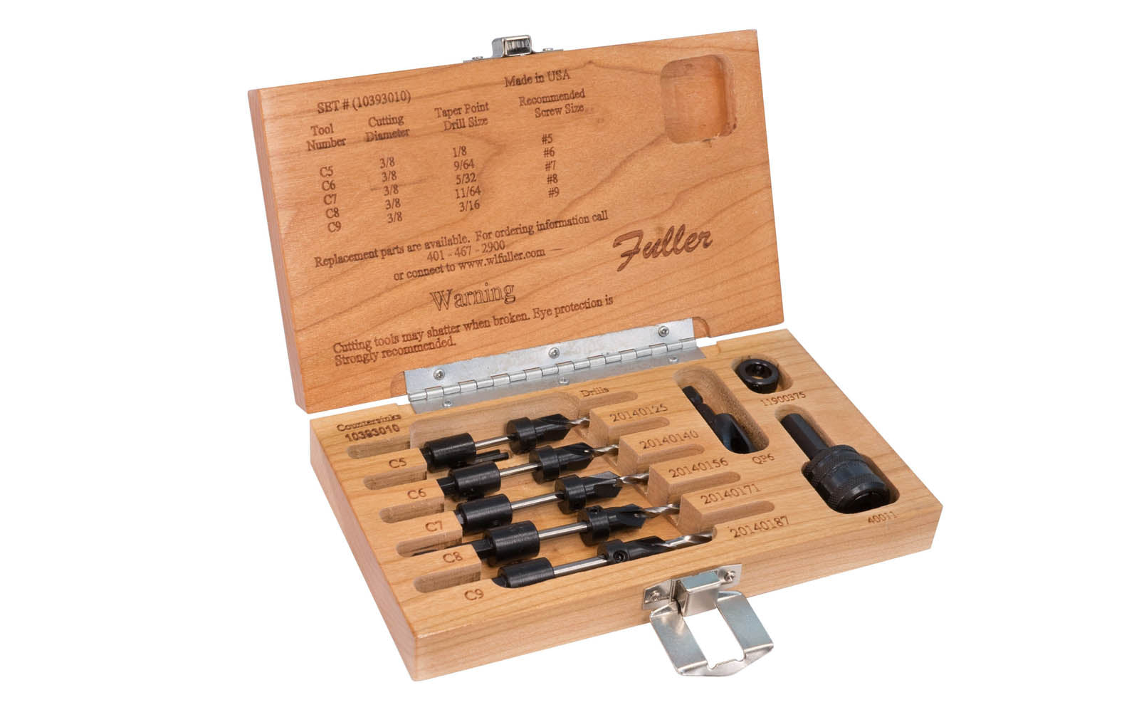 W.L. Fuller No. 10 Set - Model 10393010 - Combination countersink & quick change taper drill bit set with plug cutter, quick change adapter & stop collar. Designed for #5, #6, #7, #8, & #9 wood screws. Carbon steel & heat-treated. Four flute countersinks for clean & accurate boring. Hex Drill Bits. Made in USA