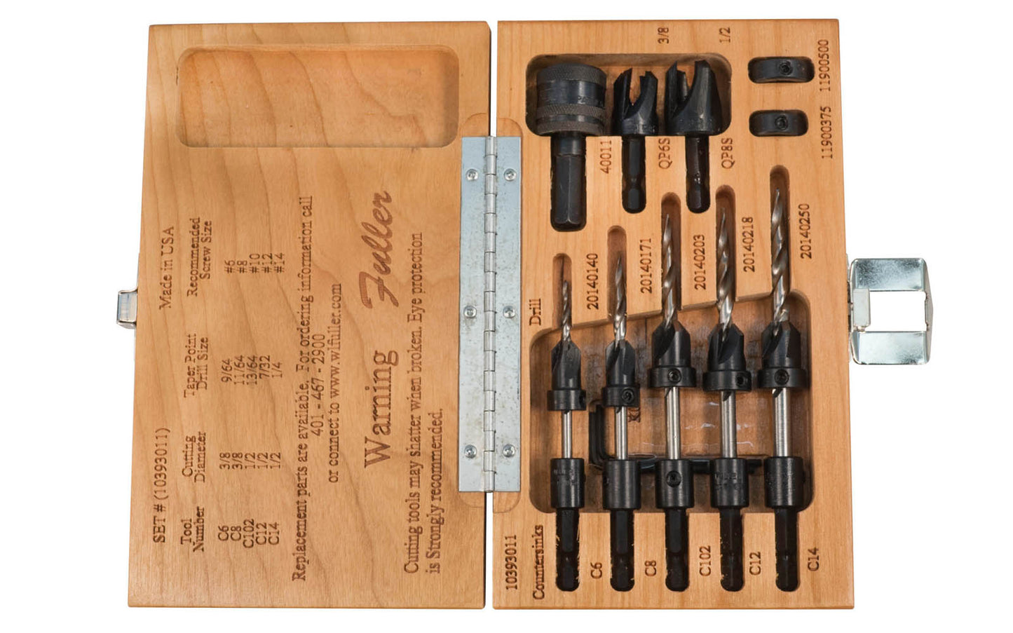 W.L. Fuller No. 11 Set - Model 10393011 - Combination countersink & quick change taper drill bit set with plug cutters, quick change adapter & stop collars. Designed for #6, #8, #10, #12, & #14 wood screws. Carbon steel & heat-treated. Four flute countersinks for clean & accurate boring. Hex Drill Bits. Made in USA