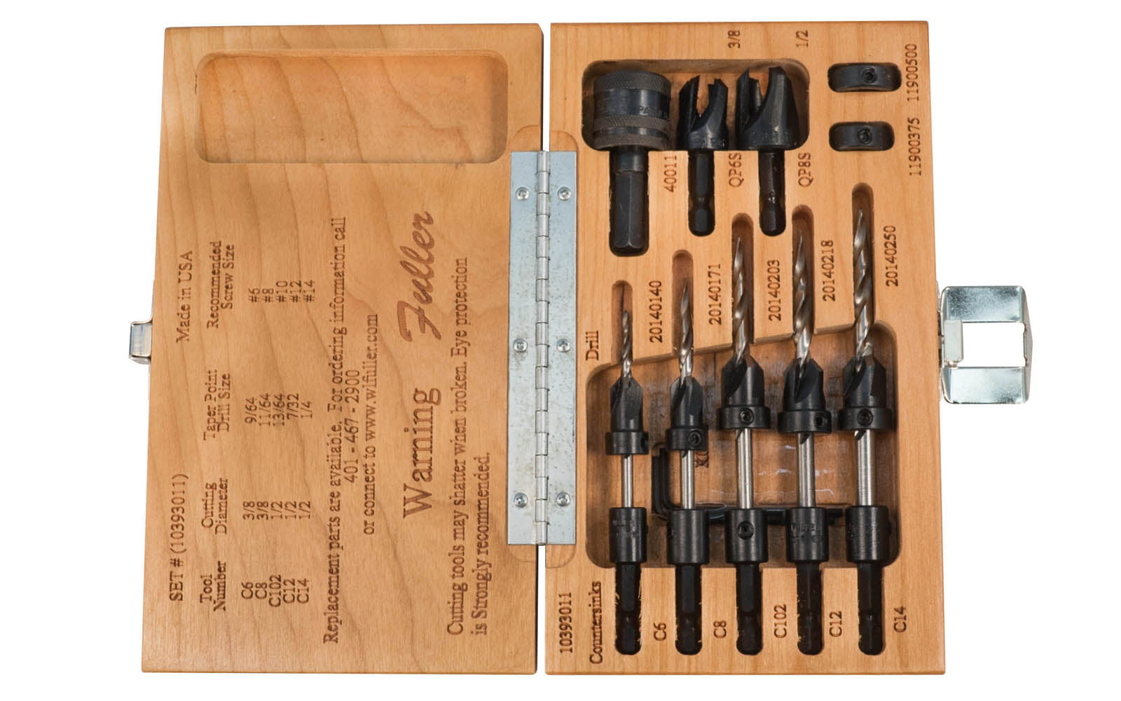 W.L. Fuller No. 11 Set - Model 10393011 - Combination countersink & quick change taper drill bit set with plug cutters, quick change adapter & stop collars. Designed for #6, #8, #10, #12, & #14 wood screws. Carbon steel & heat-treated. Four flute countersinks for clean & accurate boring. Hex Drill Bits. Made in USA