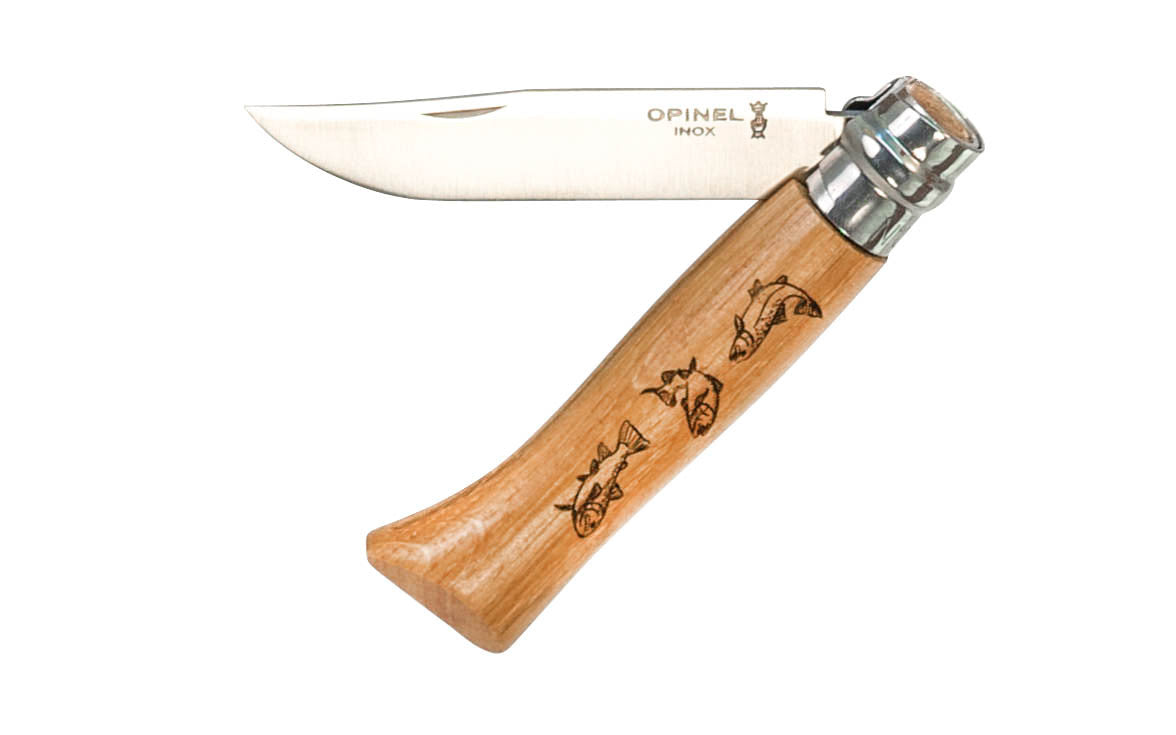 Opinel Stainless Steel Knife ~ Decorated "Fish" Handle ~ Foldable Blade ~ 3-1/4" long foldable stainless blade with stainless locking collar ~ Beechwood handle with specially engraved fish motif ~ Great for fishing! 