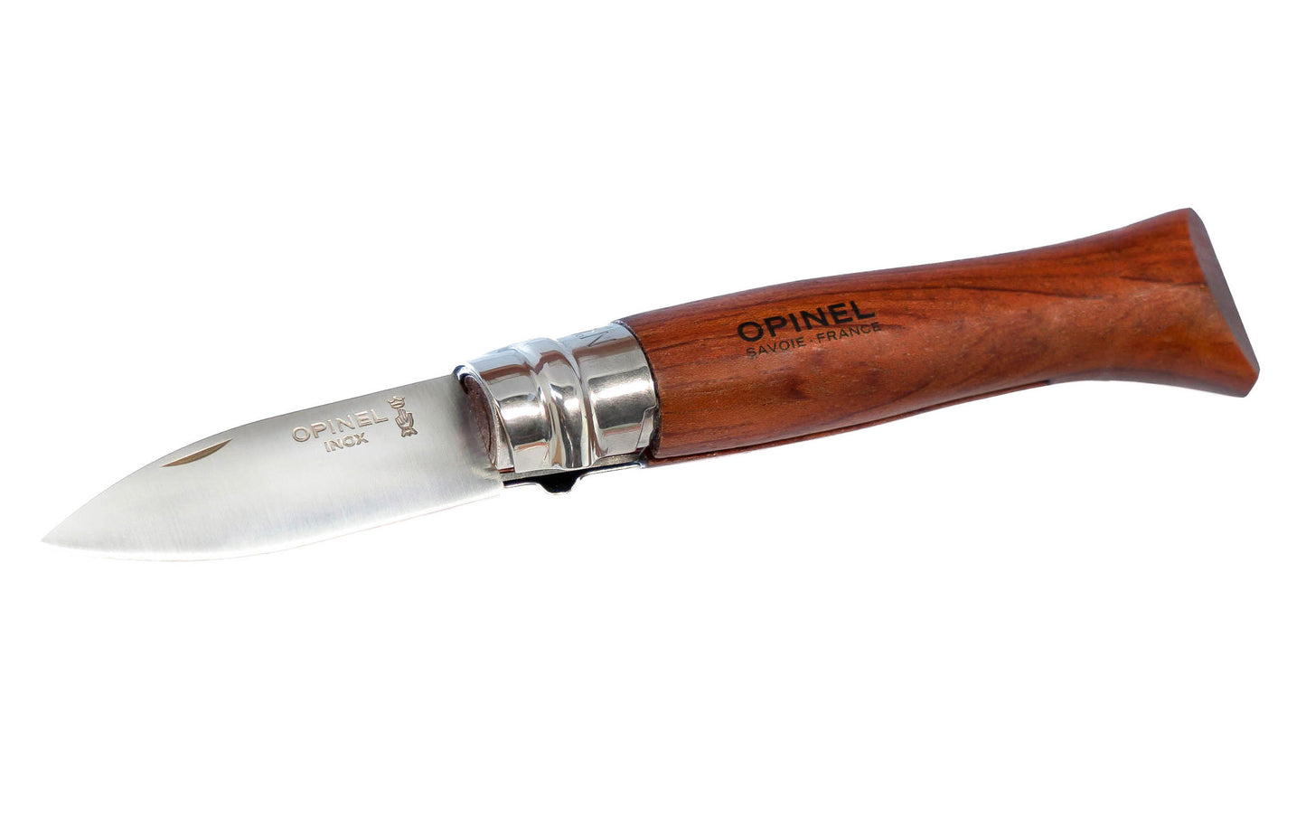 Made in France · 2-1/2" Long foldable blade with stainless locking collar ~ Made of stainless steel ~ Special Padauk wood handle ~ Great for shucking oysters