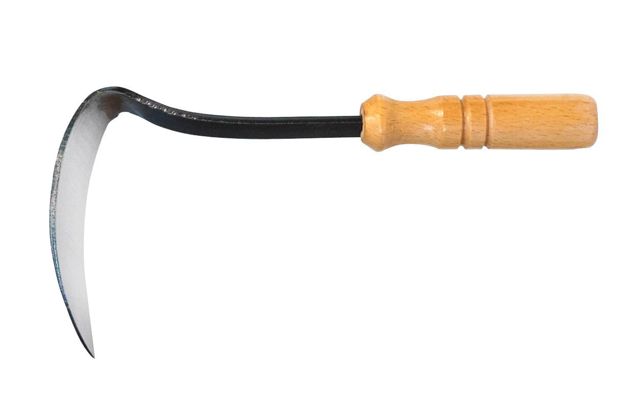 Made in Japan · One forged solid piece ~ High carbon steel - laminated to soft steel ~ 4-1/2" long blade ~ Sharp cutting blade & easy to sharpen ~ Hardwood handle - Blade is slightly curved which will help dig into the soil easily - Kusakichi Kana Weeder - Sickle - Roots - Weeding - Hand Weeder - Japanese Kana Weeder