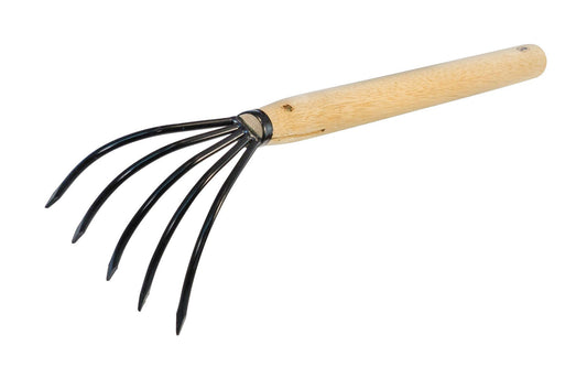 Made in Japan · Hand-forged carbon steel ~ Balanced feel ~ 17-1/2" long wooden handle - Asano Ninja Claw - Excellent for breaking up soil in & around plants, weeds, gathering up roots, & raking leaves & grasses - Ninnja Kumade - Claw Cultivator - 5 tine rake - 5-prong claw cultivator - Five Tine Rake - Rust resistant