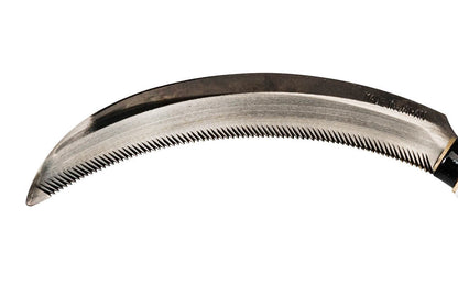Traditional Japanese Nokogama flared handle hand-sickle great for outdoor landscaping needs. Made of high carbon steel, the blade of this weeder is very sharp with aggressive teeth & the blade is slightly curved for fast aggressive cutting. Noko Gama sickle will cut grasses, tough weeds, sod & turf, roots, stems.