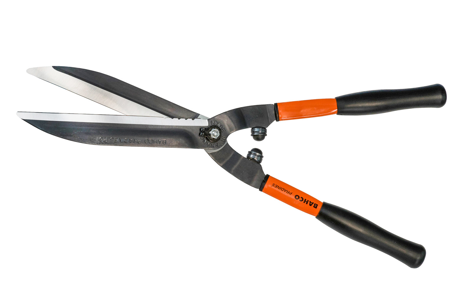 Bahco 23" Precision Hedge Shears with Steel Handles are high quality sharp shears for professional use. Great for outdoors, vineyards, topiary work. Partly serrated edge for cutting up to 10 mm (3/8") thick branches. Hardened precisely ground blades for a continuous clean cut. Model P51-F. Made in France. 7311518275426