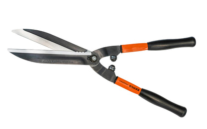 Bahco 23" Precision Hedge Shears with Steel Handles are high quality sharp shears for professional use. Great for outdoors, vineyards, topiary work. Partly serrated edge for cutting up to 10 mm (3/8") thick branches. Hardened precisely ground blades for a continuous clean cut. Model P51-F. Made in France. 7311518275426