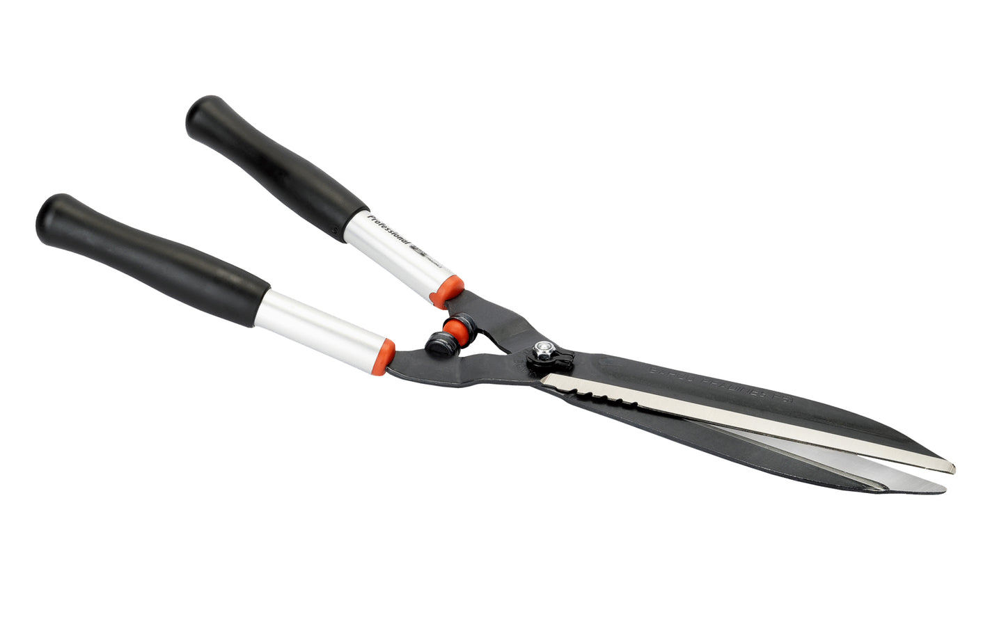 Bahco 23" Precision Hedge Shears with Steel Handles are high quality sharp shears for professional use. Great for outdoors, vineyards, topiary work. Partly serrated edge for cutting up to 10 mm (3/8") thick branches. Hardened precisely ground blades for continuous clean cut. Model P51-SL. Made in France. 7311518301217