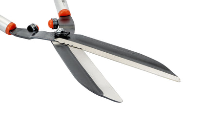 Bahco 23" Precision Hedge Shears with Steel Handles are high quality sharp shears for professional use. Great for outdoors, vineyards, topiary work. Partly serrated edge for cutting up to 10 mm (3/8") thick branches. Hardened precisely ground blades for continuous clean cut. Model P51-SL. Made in France. 7311518301217