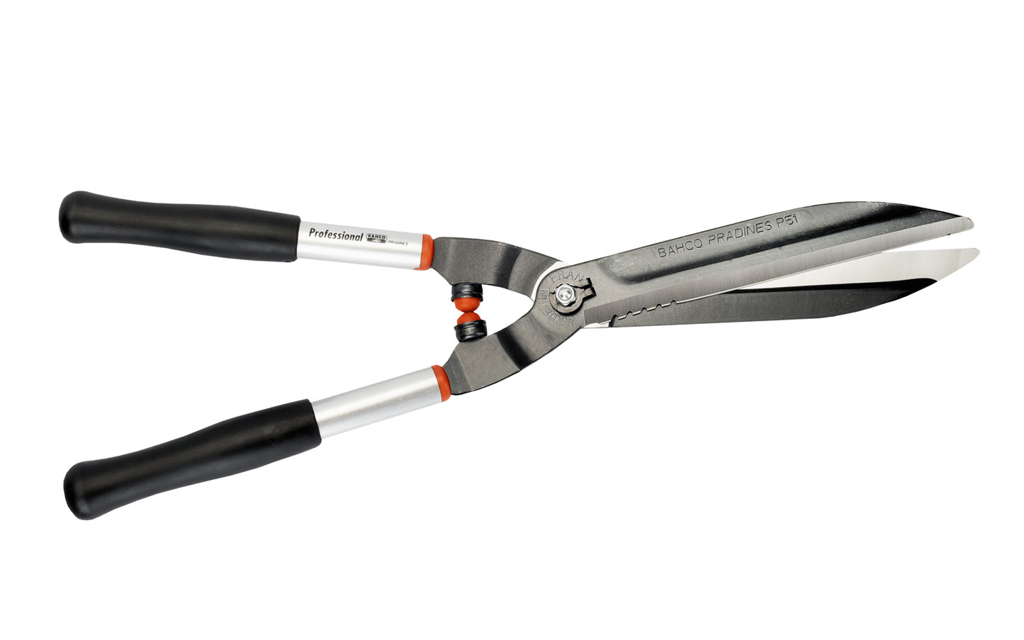 Bahco 23" Precision Hedge Shears with Steel Handles are high quality sharp shears for professional use. Great for outdoors, vineyards, topiary work. Partly serrated edge for cutting up to 10 mm (3/8") thick branches. Hardened precisely ground blades for continuous clean cut. Model P51-SL. Made in France. 7311518301217