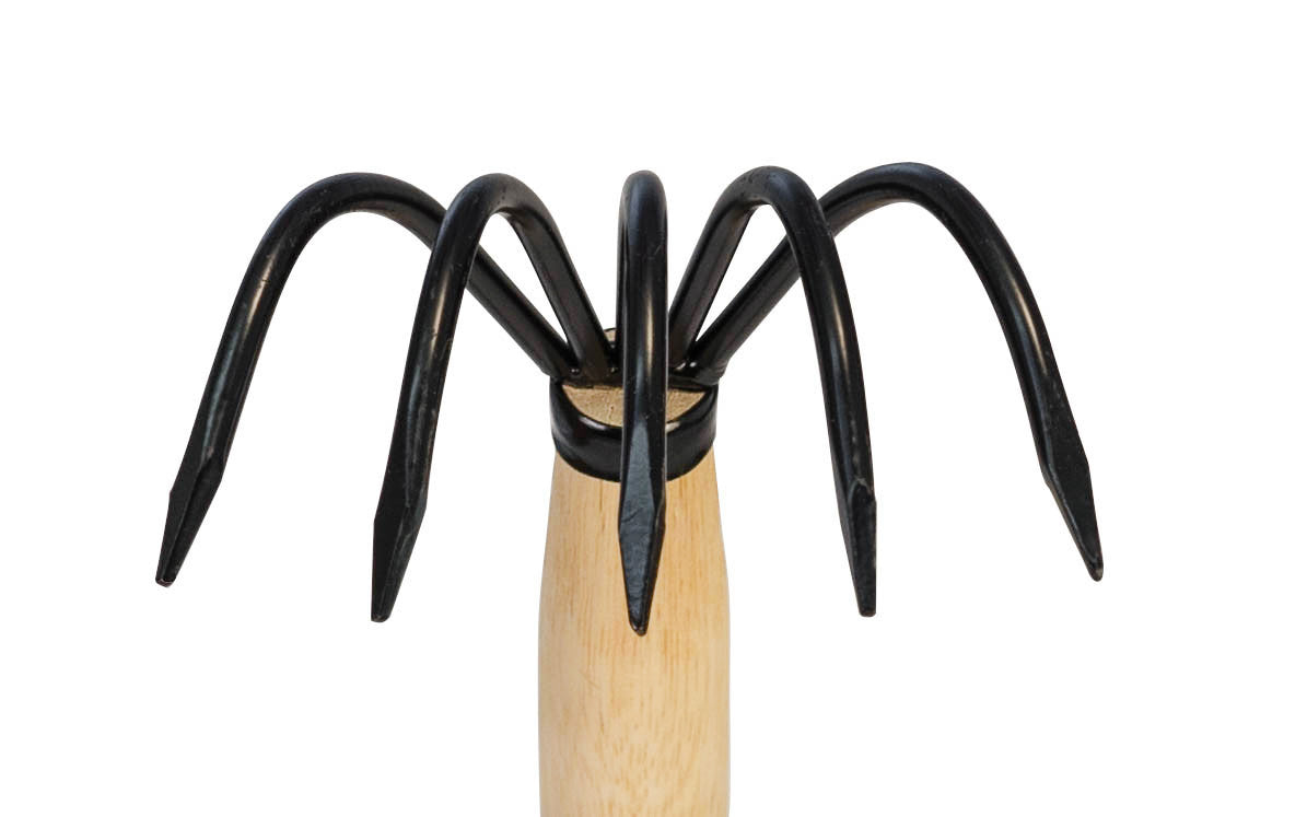 Made in Japan · Hand-forged carbon steel ~ Balanced feel ~ 17-1/2" long wooden handle - Asano Ninja Claw - Excellent for breaking up soil in & around plants, weeds, gathering up roots, & raking leaves & grasses - Ninnja Kumade - Claw Cultivator - 5 tine rake - 5-prong claw cultivator - Five Tine Rake - Rust resistant