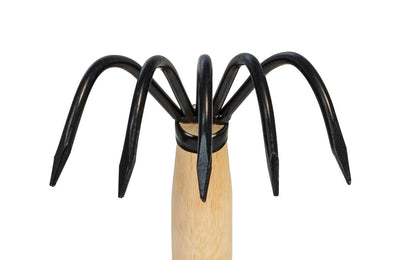 Made in Japan · Hand-forged carbon steel ~ Balanced feel ~ 17-1/2" long wooden handle - Asano Ninja Claw - Excellent for breaking up soil in & around plants, weeds, gathering up roots, & raking leaves & grasses - Ninnja Kumade - Claw Cultivator - 5 tine rake - 5-prong claw cultivator - Five Tine Rake - Rust resistant