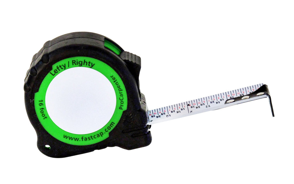 The FastCap ProCarpenter Tape Measure ~ Lefty / Righty has a heavy-duty 1" blade, high-contrast tape & rugged compact design. Available in 16' & 25' long tapes.