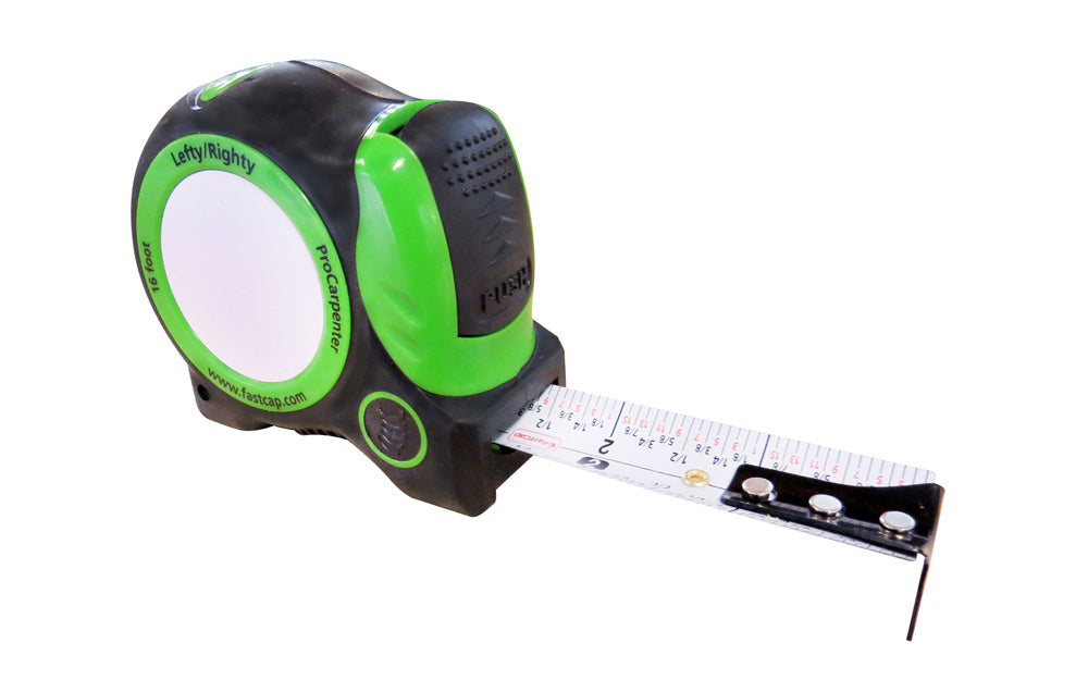 FastCap Lefty / Righty Auto-Lock Tape Measure ~ Model No. PSSR-16 AUTO ~ Standard Reverse ~ 16' length has a super ergonomic design with a belt clip, autolock, pencil sharpener & erasable notepad.