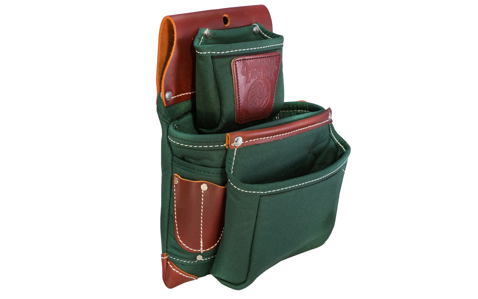 Occidental Leather "Oxy Lights" Green 3-Pouch Fastener Bag ~ Model 8060 - Fits a 3" work belt - Most popular "OxyLights" fastener bag. For framing & general carpentry applications. Holders for 1” blade square, angle square, cat’s paw loop, driver bits. Made of Nylon & genuine Leather - 9 total pockets & tool holders.
