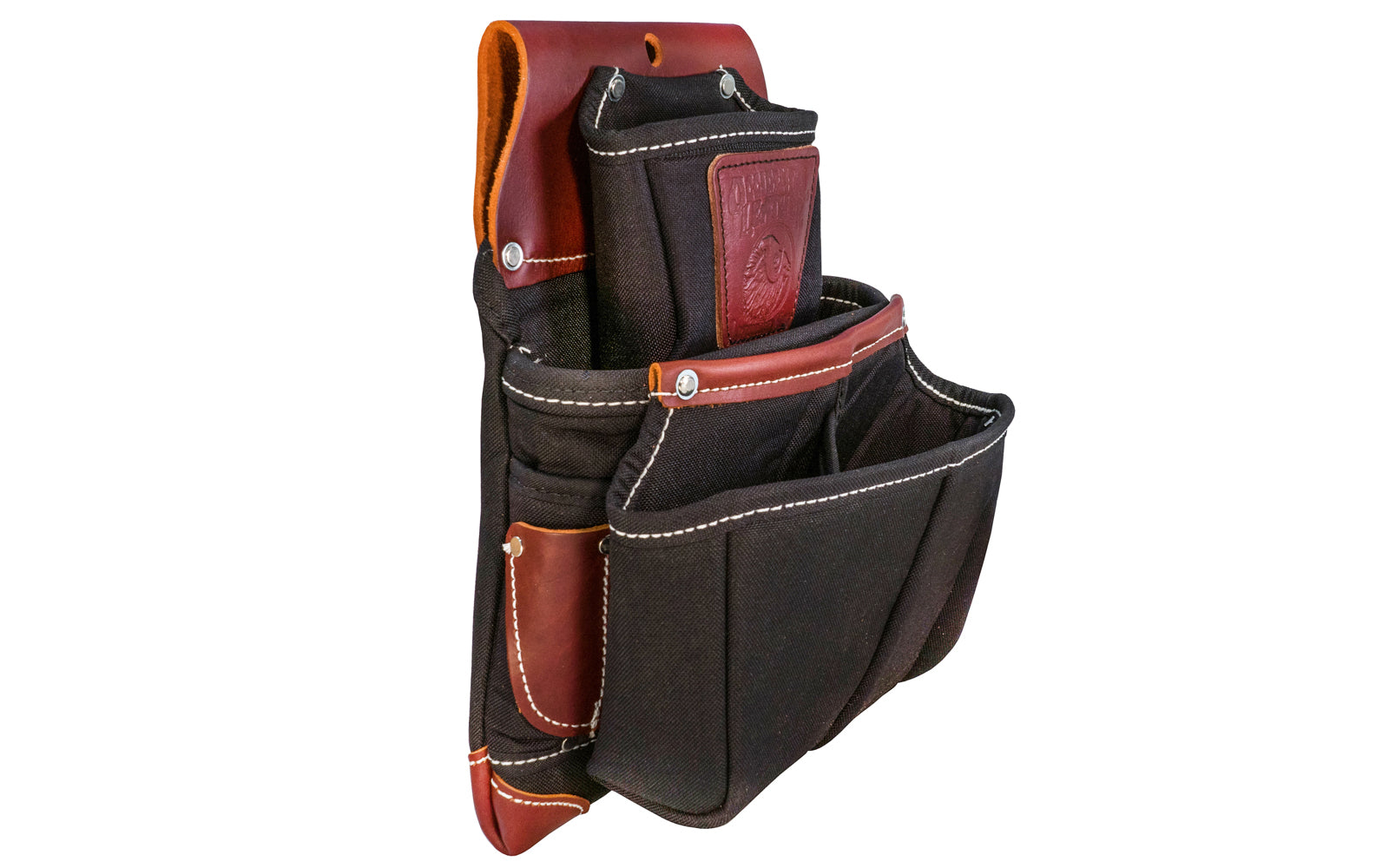 "Oxy Lights" Fastener Bag with Double Outer Bag ~ Model B8064 - Fits 3" work belt - Occidental Leather 2-in-1 outer bag with angle square holster between main & outer bag. Tri-square sleeve, cat’s paw loop & external nail set or driver bit pouches. Nylon & genuine Leather - 10 total pockets & tool holders. 759244193800