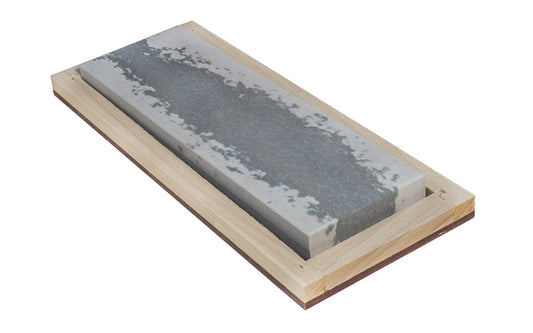 Soft Arkansas Bench Stone with Wooden Box ~ 6" x 2" - Made in USA ~ good extra-fine stone. It is the least dense & coarsest grained of the natural Arkansas stones & good for starting an edge on your tools & knives; commonly used after synthetic or oil stone - Model No. MAB-62-C