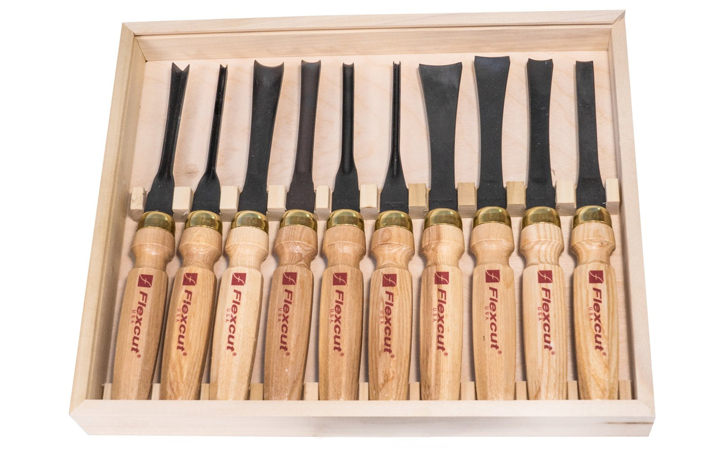Flexcut Deluxe Mallet Carving Set ~ MC100 - Mallet Tools included: MC203 #3 x 1/2", MC403 #3 x 1", MC505 #5 x 1-3/16", MC307 #7 x 11/16", MC309 #9 x 1/2", MC511 #10 x 3/4", MC211 #11 x 1/8", MC311 #11 x 1/4", MC245 45 deg. x 3/16", MC460 60 deg. x 1/2"  - High Carbon Steel blades - Mallet Carving Tool Set ~ Made in USA ~ 651646081009