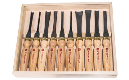 Flexcut Deluxe Mallet Carving Set ~ MC100 - Mallet Tools included: MC203 #3 x 1/2", MC403 #3 x 1", MC505 #5 x 1-3/16", MC307 #7 x 11/16", MC309 #9 x 1/2", MC511 #10 x 3/4", MC211 #11 x 1/8", MC311 #11 x 1/4", MC245 45 deg. x 3/16", MC460 60 deg. x 1/2"  - High Carbon Steel blades - Mallet Carving Tool Set ~ Made in USA ~ 651646081009