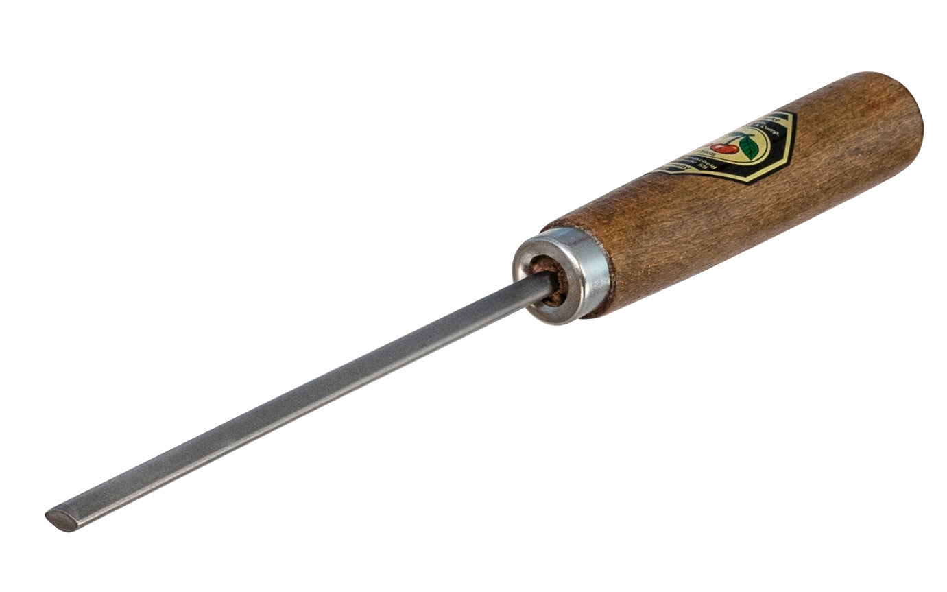 Made in Germany ~ Two Cherries · Model No. 3914 ~ 5" long oval blade ~ Hardened blade ~ 9-3/4" long overall length ~ Important tool for final step of preparing a cabinet scraper ~ Oval shape. Works well for straight-edged cabinet scrapers, as well as for curved cabinet scrapers too