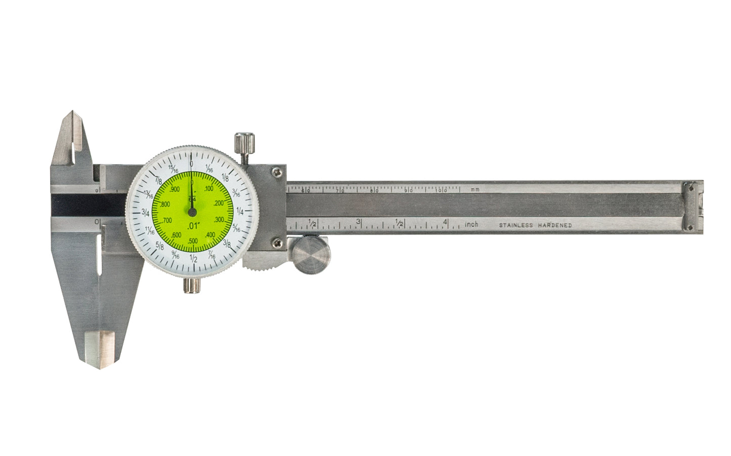 4" Fractional Inch Dial Pocket Caliper - 1/64" & .01 Grads - Dial travels 1" per revolution - Precision ground jaws - Stainless steel