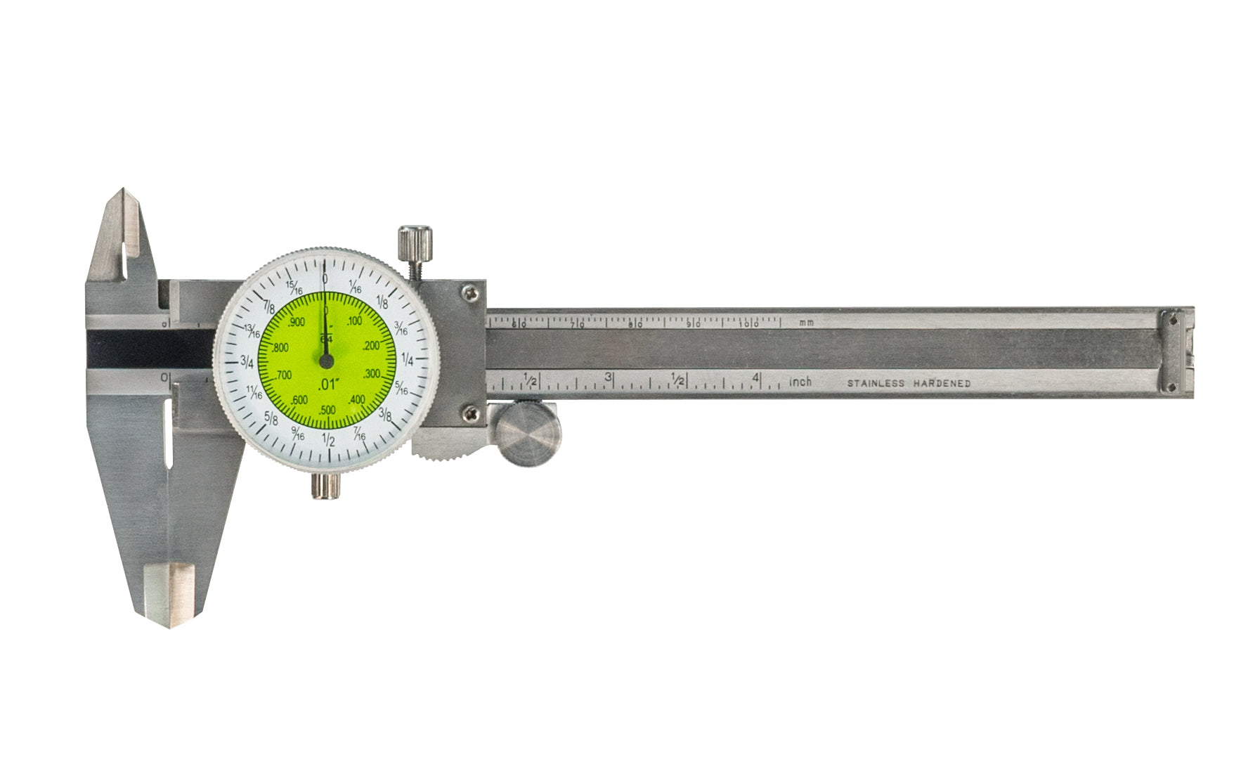 4" Fractional Inch Dial Pocket Caliper - 1/64" & .01 Grads - Dial travels 1" per revolution - Precision ground jaws - Stainless steel