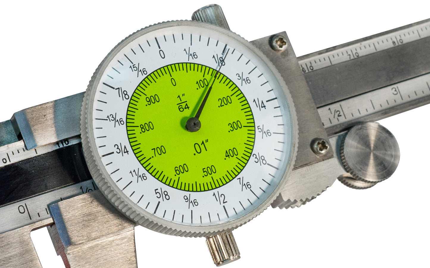 4" Fractional Inch Dial Pocket Caliper - 1/64" & .01 Grads - Dial travels 1" per revolution - Precision ground jaws - Stainless steel