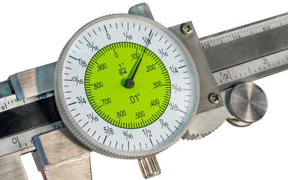 4" Fractional Inch Dial Pocket Caliper - 1/64" & .01 Grads - Dial travels 1" per revolution - Precision ground jaws - Stainless steel