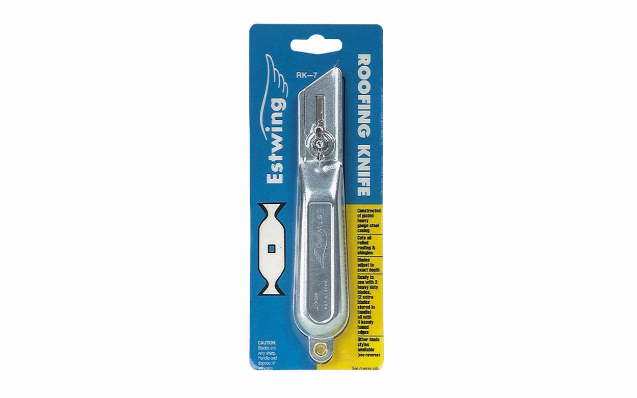 The Estwing Roofing Knife is made of heavy gauge steel casing with "Butterfly-style" blades included. 7" length. Model #RK-7. Made in USA ~ 034139621119