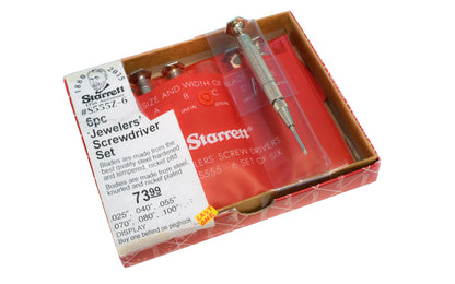 The Starrett 555 Jewelers Screwdriver is for watch and clockmakers, jewelers, opticians, toolmakers and others who will find that the screwdriver is especially adaptable for fine, delicate work ~ Jewelers Screwdriver Set 6 piece set, .025in (0.6mm), .040in (1mm), .055in (1.4mm), .070in (1.8mm),.080in (2mm), .100in (2.5mm)