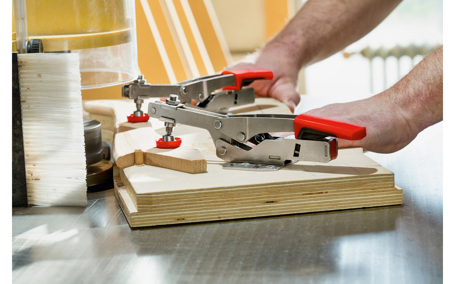 Model No. STC-HH50 ~ Auto-adjust Toggle Clamp by Bessey automatically adjusts to variations in the work piece height while maintaining clamping force, & has an adjustable clamping force based on the adjusting screw in the joint - Allows clamping force adjustment from 25 to 550 lbs. Holding capacity up to 700 lbs  - 091162140000