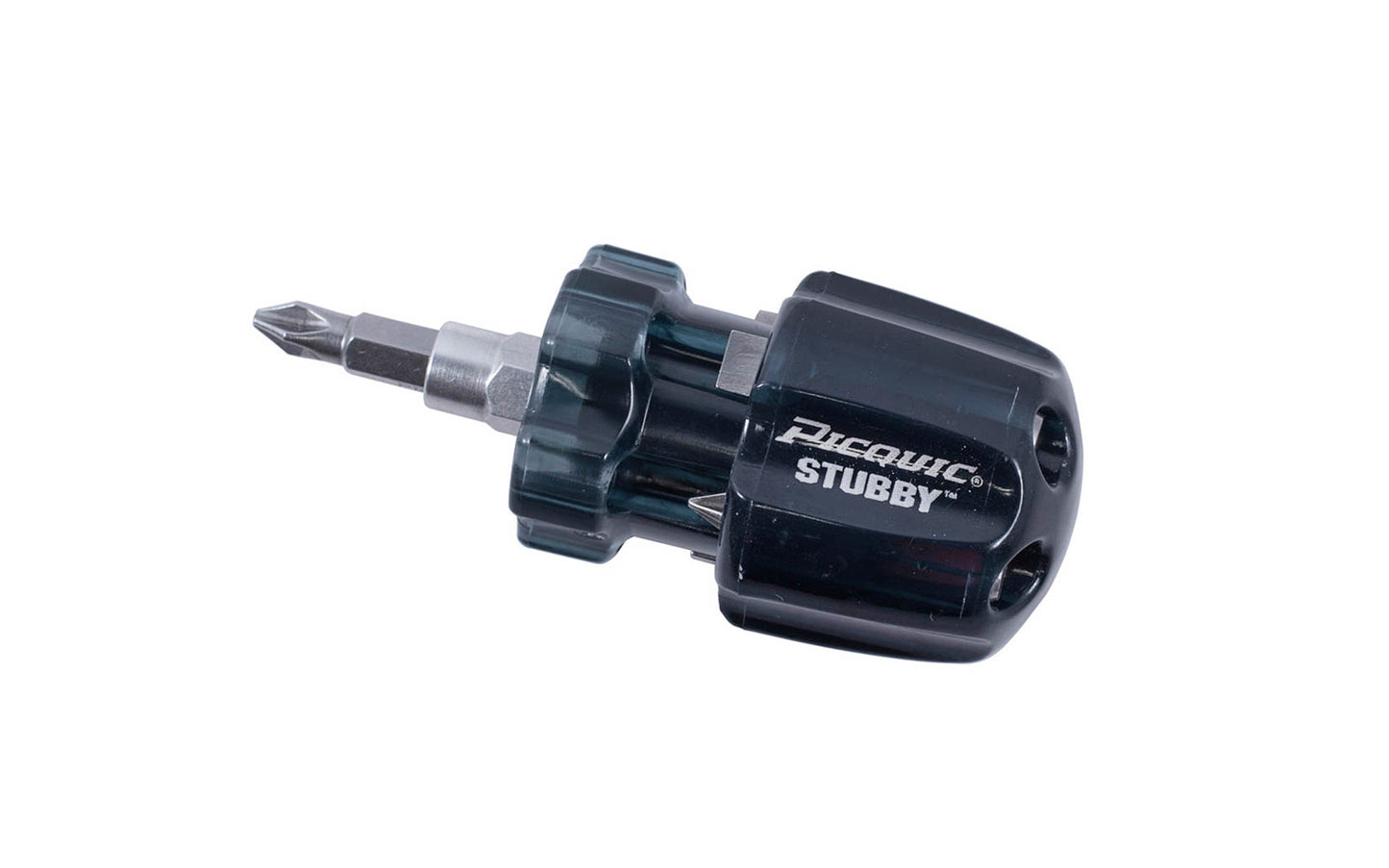  Picquic Stubby multi-bit screwdriver with bit storage in handle. Black Color. Model No. 91102B. Bits included: #1, #2, #3 philips, 1/4",  3/16" slotted, 15 Torx. Rare earth magnet firmly holds working bit in shank. 1/4" Hex shank. Insert bits are precision-machined & hardened. 57369911027. solid ergonomic handle
