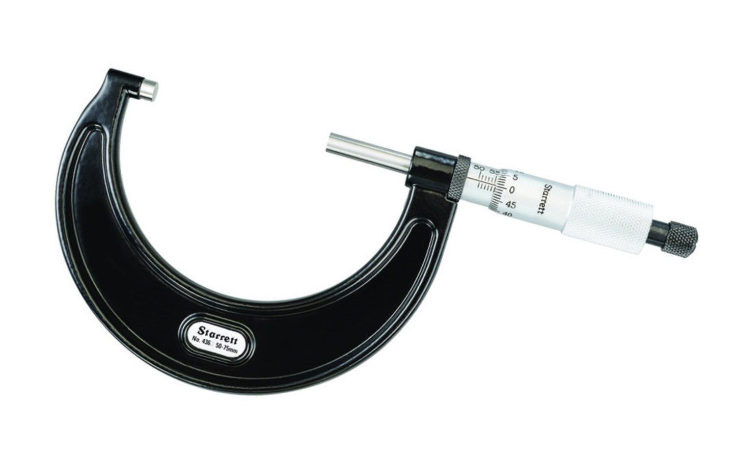 Starrett 436MRL-75 Outside Micrometer features ratchet stop, lock nut, 50-75mm range and 0.01mm graduation. 0.01mm Grad, Ratchet Stop, Lock Nut. Made in USA. 0.01 mm grads. Outside Metric Micrometer, Model 436MRL-75. EDP 51618. 049659516180