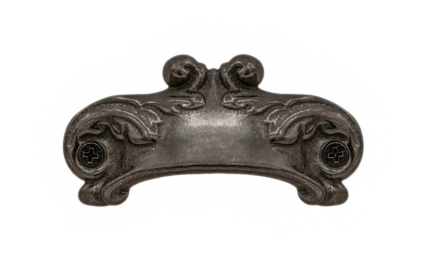 Rustic-looking & ornate cast iron bin pull with a nice scroll pattern detail. Made of cast iron material, this bin pull is thick with a good grip. This old-style bin pull is great for adding charm to your cabinets & drawers. Vintage-style finish with lacquer to resist rust. Scroll Pattern Bin Pull ~ 3-1/8" on Centers