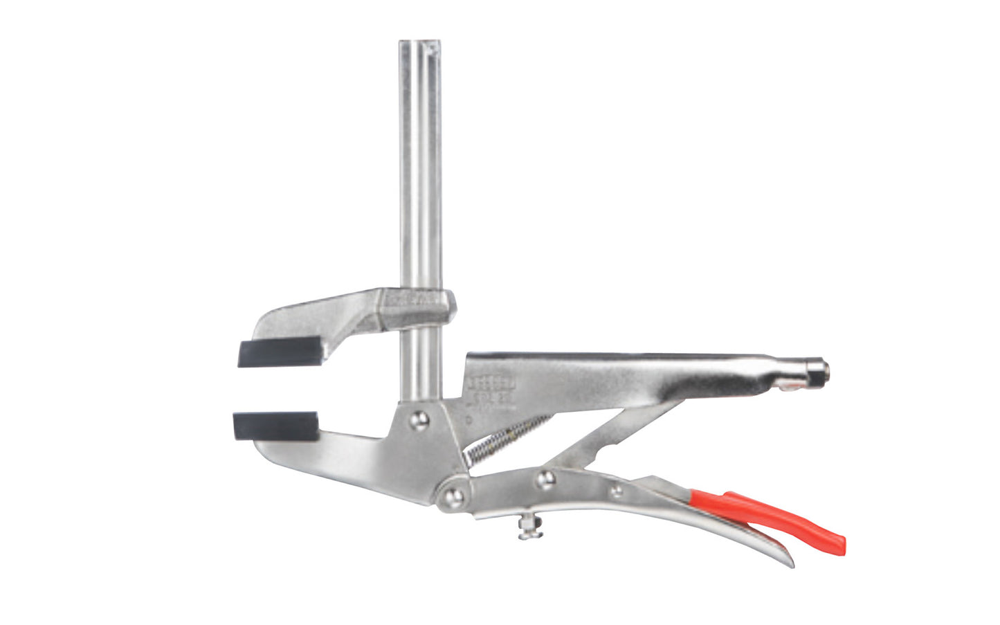 Bessey 4" "SuperGrips" Grip Plier Clamp with Profiled Rail SG4 is a grip plier & clamp all in one tool. Adjustable sliding jaw with a 4" clamping capacity & 2-1/2" throat depth. 440 lbs. clamping force. Adjustable screw/lock nut (on lower lever) adjusts jaw angle (up to 7°) for clamping tapered parts. Made in Germany. 091162052006