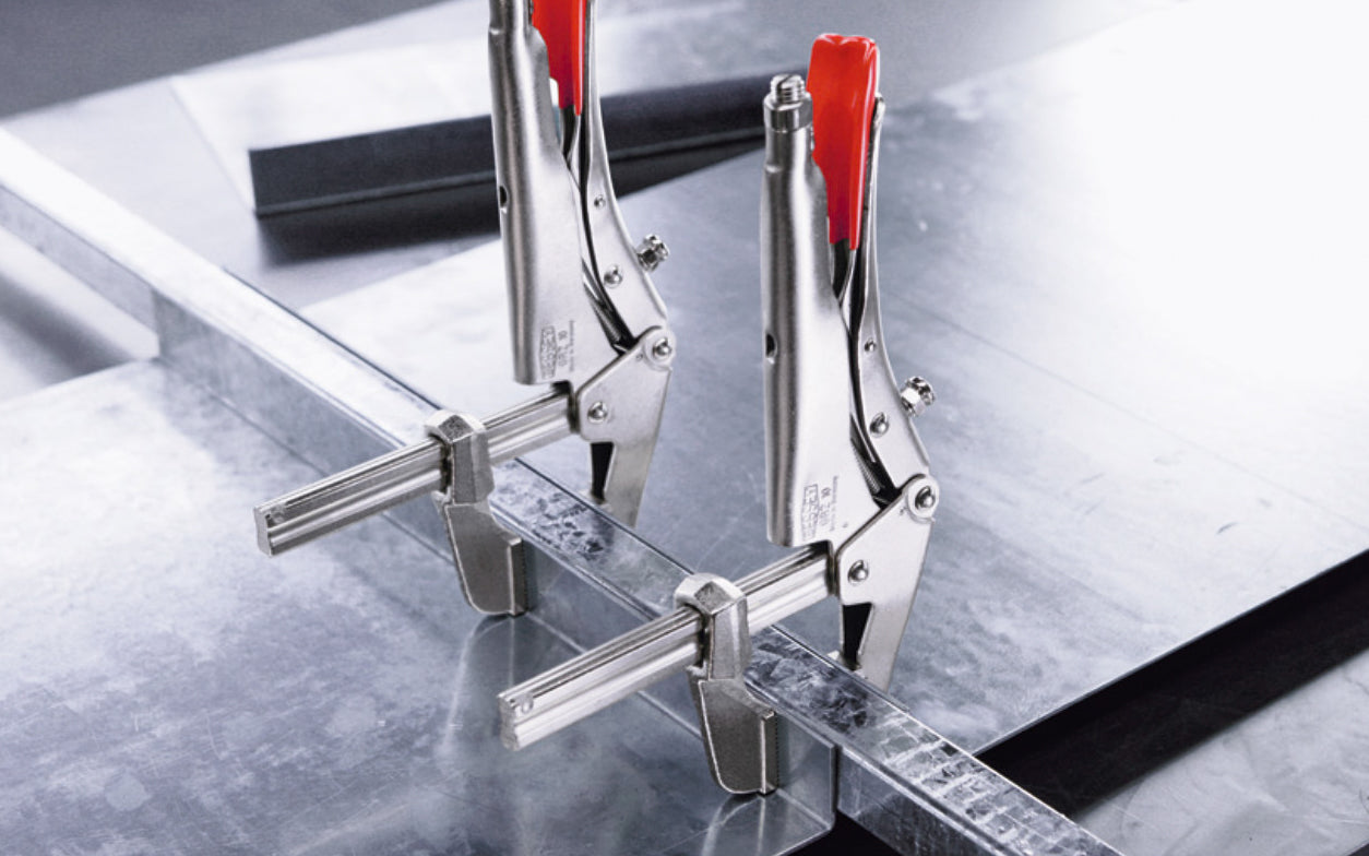Bessey 8" "SuperGrips" Grip Plier Clamp with Profiled Rail SG8 is a grip plier & clamp all in one tool. Adjustable sliding jaw with a 8" clamping capacity & 2-1/2" throat depth. 440 lbs. clamping force. Adjustable screw/lock nut (on lower lever) adjusts jaw angle (up to 7°) for clamping tapered parts. Made in Germany.