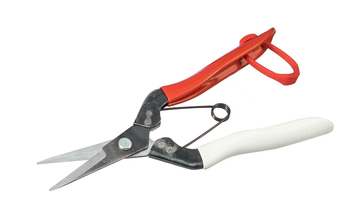 Made in Japan · High quality Izumo Yasuki steel ~ 7-1/2" overall length ~  ~ Excellent for floral pruning & trimming. Cutting edges sharp & long lasting, & gives the trimmer nice smooth cuts. Japanese floral shears (Mekiri Basami). Rockwell hardness of HRC 60.  Okatsune thinning shears. Red & blue handle shears.