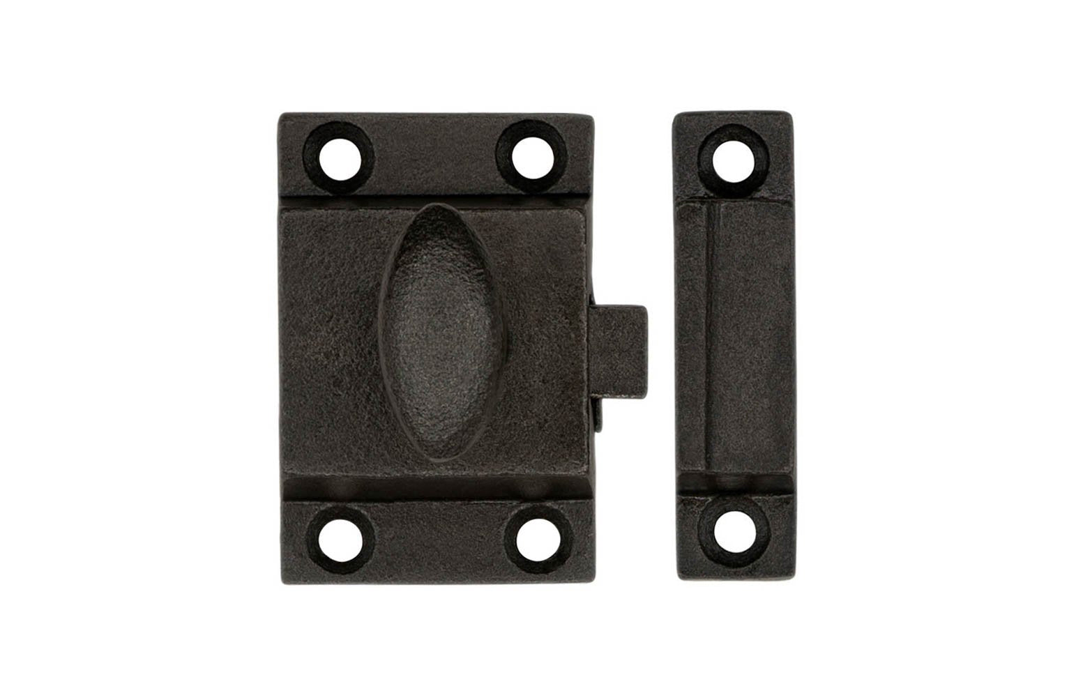 A rustic-looking cast iron cupboard cabinet latch. Vintage cast iron finish. Durable & strong spring loaded mechanism. Includes 6 Phillips head screws. Great for cupboards, cabinets, etc. 1-7/8" high x 1-3/16" wide size latch.