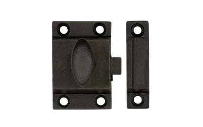 A rustic-looking cast iron cupboard cabinet latch. Vintage cast iron finish. Durable & strong spring loaded mechanism. Includes 6 Phillips head screws. Great for cupboards, cabinets, etc. 1-7/8" high x 1-3/16" wide size latch.