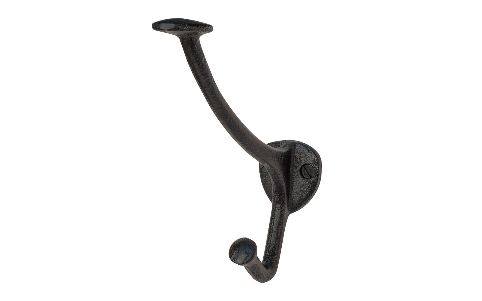 Vintage-style black cast-iron hall tree hook designed in the Art Nouveau style of hardware. Great for use in hallways, hall trees, coat racks, kitchens, bedrooms, & many other places. The double hook is made of strong cast iron material, making it durable for heavy coats, bags, & clothing 5-1/2" high hook. 