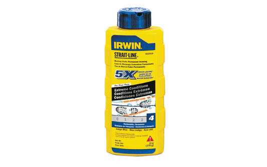  Strait-Line 6 oz Blue Marking Chalk, Extreme Conditions for reel type chalk line boxes. Packaged in plastic squeeze bottles with fast fill spout. Permanent - Visible after weeks of weather exposure & jobsite wear. Designed for exterior use in extreme conditions. Blue color chalk. 6 oz container. Model 4935518.