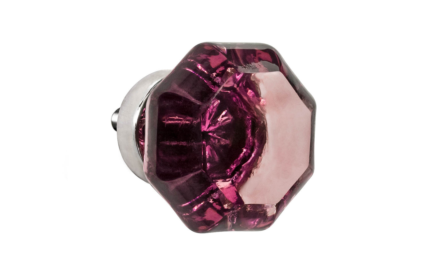 Elegant & classic octagonal cabinet glass knob with an attractive "Purple Amethyst" color. The glass is carefully set into a handsome solid brass base with a threaded shank in the back. Polished nickel finish on solid brass base. Octagon shape knob. 1-1/4" Diameter Knob 