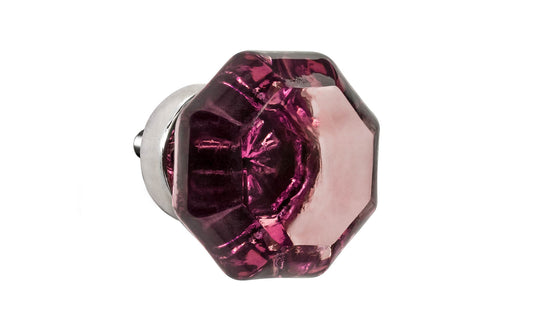 Elegant & classic octagonal cabinet glass knob with an attractive "Purple Amethyst" color. The glass is carefully set into a handsome solid brass base with a threaded shank in the back. Polished nickel finish on solid brass base. Octagon shape knob. 1-1/4" Diameter Knob 