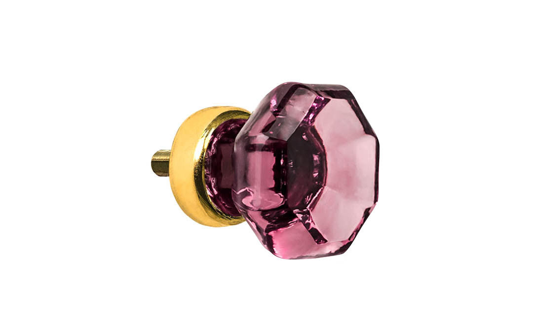 Elegant & classic octagonal cabinet glass knob with an attractive "Purple Amethyst" color. The glass is carefully set into a handsome solid brass base with a threaded shank in the back. Un-lacquered solid brass base (will patina over time). Octagon shape knob. 1" Diameter Knob 