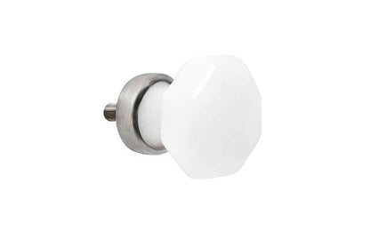Elegant & classic octagonal cabinet glass knob with an attractive "Translucent White Opal" color. The glass is carefully set into a handsome solid brass base with a threaded shank in the back. Brushed nickel finish on solid brass material. Octagon shape knob. 1" Diameter Knob 