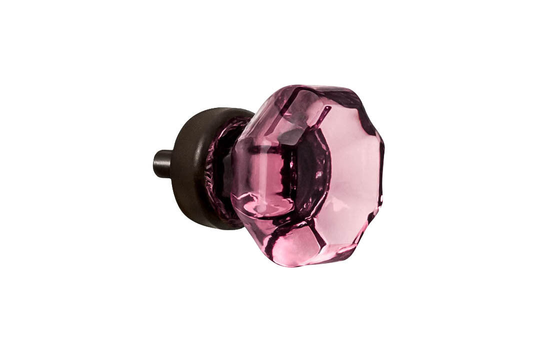 Elegant & classic octagonal cabinet glass knob with an attractive "Purple Amethyst" color. The glass is carefully set into a handsome solid brass base with a threaded shank in the back. Oil Rubbed Bronze finish on solid brass base. Octagon shape knob. 1" Diameter Knob 